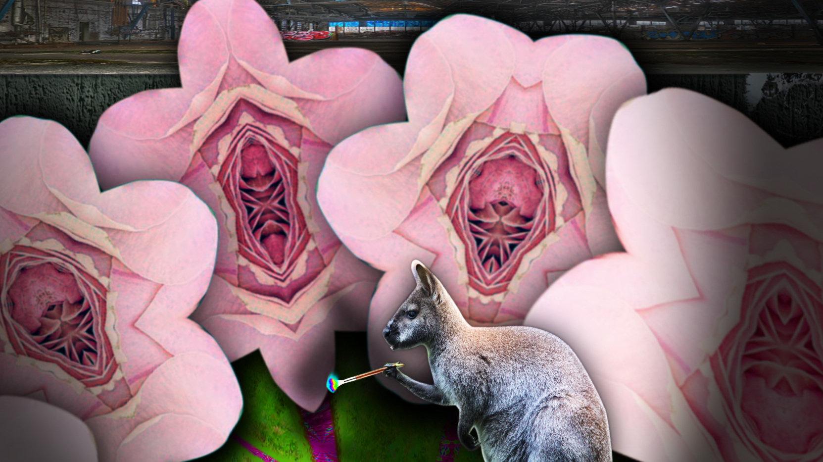 collage d'un kangourou peignant des orchidées 